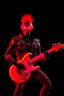 Placeholder: A realistic 4K robot terminator with a red punk crest playing bass, black background, flames all around him.