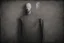 Placeholder: monochrome, cardboard figure on the left of the picture, stocky human figure with a head tilted to the left, almost no neck, no face or hair, schematic drawing, against a dark grey background with a symmetrical pattern, a lighter grey, almost monochrome, in moonlight, crayon drawing in shades of grey and black, ethereal, cinematic postprocessing