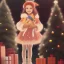 Placeholder: young girl with an eevee Pokémon in front of Christmas tree, realistic, 35mm