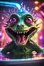 Placeholder: portrait of ultimate transcendent happy disco helmet wested pimp goblin croc alien frown with spotlights and huge dripping forked tounge sticking head out of a bathtub portal, in front of space portal dimensional glittering device, bokeh like f/0.8, tilt-shift lens 8k, high detail, smooth render, down-light, unreal engine, prize winning