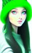 Placeholder: girl, cute, beautiful, long hair, wavy hair, green hair, blue eyes, green beanie, green coat, black tee shirt, green shirts, green tennis shoes