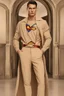 Placeholder: An elegant, unique and dazzling Men's fashion runway Clothes inspired by Superman's emblem design concept art beige tones 8k