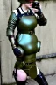 Placeholder: Steam-punk style. Military girls, hot. Reflective surface on face, full coverage, reflective. Metallic large fencing mask covers the whole face. head full of integrated old-fashioned cameras and phone. Army green surfaces body, latex. Perfect body, thick thighs and calves. Asa Akira's body. Wide hip, skirt bleats nicely. Partly symmetrical. Straitjacket. Rusty and decayed background. Steam-plunge air-bottles. Euclidean 3D-tiling walls. 5th dimensional surface structures. Oppressive atmosphere