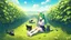 Placeholder: Girl, green hair, paws in hand, farm, sit, cat paws in feet, blushed, eat a carrot