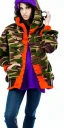 Placeholder: Brunette woman. average body type, think thighs and thick calves. Mantle is sewed of recycled Denim and sewed together of camouflage pieces. Printed camouflage figures are orange,terracotta, cream and purple. It is with big bright purple felt tippet and cream-colored-hood. mantle is merged with satchel. . AKG-style headphones (gold rings!) is merged with small felt cap with small visor. Style: Haute Couture in 1936, Paris fashion in 2023, inspired by street art. Cream latex gaiter.