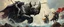 Placeholder: knights and lances tournament, horses hit hard, oil and airbrush, epic fantasy illustration, black giant on vampire rhino with steel gauntlets, scared knights jumping into water