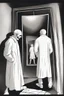 Placeholder: a man looking into a mirror and seeing a horrifying, abstract ghostly reflection