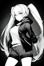 Placeholder: blonde girl with ponytails dressed in a jacket and shorts walk in dark corridor, greyscale