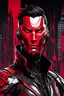 Placeholder: Retrato dibujo de contorno de Dragman con antifaz de dragón, negro y rojo con traje cyberpunk, fondo ciudad