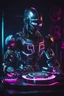 Placeholder: Cyborg robot playing turntable dj pleyer in a dark neon room