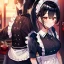 Placeholder: girl, masterpiece, best quality, cinematic lighting, detailed outfit, perfect eyes, black hair, red eyes, long hair, ponytail, in modern world, cafe setting, maid inspired outfit, vibrant colors, warm lighting, soft focus, watercolor textures,