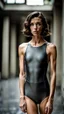 Placeholder: beautiful anorexic secretary, total shot, short shiny anthracite triathlon swimsuit, short brunette wavy bob hair, blurred concrete background, standing