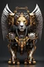 Placeholder: Facing front mechanical cyborg lion turtle straddle wings detailed, intricate, mechanical, gears cogs cables wires circuits, gold silver chrome copper