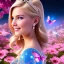 Placeholder: Princess, woman blondie, smile, beautiful place,amazing, flowers, colors, blue and pink butterfly, , realistic, photo real, stars night, detailed, high contrast, 8k high definition, unreal engine 5, extremely sharp detail, light effect, light background