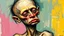 Placeholder: A deformed, disfigured figure with blurred, grainy facial features and poor anatomy, executed in a distorted, abstract art style with bright, complementary colors and subtle, expressive details, inspired by the avant-garde works of Francis Bacon, the emotional brushstrokes of Egon Schiele and the abstract expressionism of Willem de Kooning, with a combination of loose, gestural lines and rough, textured surfaces, as well as a prominent, scratched signature in the corner, as if it were a rough dr