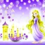 Placeholder: temática de la princesa de Disney rapunzel de enredados fondo blanco y morado , luces flotantes ,flor mágica , sol castillo estrellas