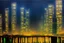 Placeholder: Night, cyberpunk buildings near pine trees, impressionism painting