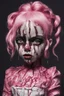 Placeholder: full color, illustration of a darkred and pink tones, menacing, Singer Melanie Martinez face, as a decayed, broken, skin turned translucent, black veins that extended like roots beneath her skin, latex suit, crude homemade cloth doll toy, with a narrow cracked porcelain face, thick dark eyebrows, hair in two gradually, made from ragged strips of cloth, in the style of Alex Pardee, Tim Burton, and Nadya Sheremet