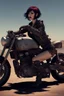 Placeholder: vampire girl showing fangs with short cropped cyberpunk hair riding a cafe racer motorcycle in a post apocalyptic wasteland at dawn