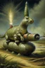 Placeholder: military bunny crocodile that looks like a rocket going in for landing, prize winning oil painting