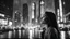 Placeholder: new york late night, tall skyscrapers, girl looking at the sky on the street in the rain, photographic, black and white