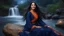 Placeholder: Hyper Realistic Photographic Close Face View Of A Beautiful Young Pashto Woman With Beautiful Long Black Hair Whirling, Wearing Beautiful Navy-Blue Frock With Orange Embroidery And Navy-Blue Dupatta Happily Sitting On a big-rock in the middle of River Water & Smiling, In A Jungle Riverside With Beautiful Waterfall From Mountain With Full Moon with Stars Along With Fireflies Around Her At Night Showing Dramatic And Cinematic Ambiance.