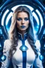 Placeholder: Bellissima Donna cosmica capitana di astronave che si trova nella sua cabina di comando. Ha una divisa bianca e azzurra in stile galattico e capelli lunghi