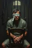 Placeholder: A man they but a fabric on his eye so he can not see and looks miserable with bruises on his face like he has been beating sitting on a broken chair in a prison with dem light and dark prison environments , Busch painting style , sureal