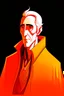 Placeholder: A portrait of Christopher Lee in his thirties as an elf mage, dressed in an expensive orange medieval shirt, in the style of Genndy Tartakovsky, long pointy elven ears, dark background