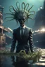 Placeholder: xcom's terror from the deep giger style alien with suit and tie and sea weed crown crawling onto the docks in fallout 4 setting, bokeh, downlight, prize winning, depth of field, in the style of ivo caprino