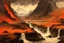 Placeholder: underground world, mountains, lava stream, young wyvern, distant village of dunmer buildings, japanese style landscape influence, willem maris and friedrich eckenfelder impressionism painting