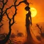 Placeholder: A dramatic surreal painting of a dusty desert mesa at twilight. A mysterious feminine figure emerges from the shadow of twisted creosote branches, her form entwined with thorny vines climbing slowly toward a blazing, boiling sun. Her skin is ethereal and dangerous; as a hand reaches to touch her, blood drips from the fingers. The atmosphere is haunting, poetic, and mythological. Use a painterly, cinematic style, with golden oranges, deep reds, dusty browns, and shimmering highlights. --v 7 --sty