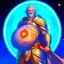 Placeholder: Please create an image for a 30-year old aasimar male with silver hair and a short, square beard and blue eyes. He is standing outside in the moonlight wearing plate armor and wielding a shield and a mace. His equipment is adorned in multiple places with crescent moons and stars