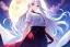 Placeholder: girl, masterpiece, best quality, volumetric lighting, detailed outfit, perfect eyes, long hair, white hair, red eyes, lens flare abuse, hakama, full moon,