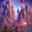 Placeholder: psychedelic giant roses and tiny flying fish and antic city in the background 3D mystic ambiance