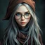 Placeholder: female wizard with glasses and commoner clothes, long hair with silver highlights, blue eyes