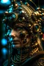 Placeholder: A beautiful voidcore shamanism biomechanical woman young faced portrait with a voidcore gothica headdress with christmas metallic filigree gothica ornaments around ribbed with agate stones half face mand azurit mineral stone metallic steampunk filigree Golden voidcore shamanism rose on half face masque christmas athmospheric organic bio spinal ribbed detail of bokeh decadent gothica christmastree and lights backround and bokeh christmas gothic ornaments around extremely detailed hyperrealis