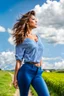 Placeholder: 1beautiful lady in nice top and blue pants with curvy hair,country side ,blue sky nice clouds,