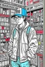 Placeholder: Old school rapper in the style of 90's vintage anime, surrealism, akira style. detailed line art. fine details. inside a 7/11 in tokyo
