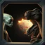 Placeholder: two sad characters gazing out of a spaceship window at a cratered burning close up 3d planet. On the left an thin alien with very pointy shape head and with x-shaped mouth, and on the right a bigg stronger dinosaur-like creature with big head sharp teeth. The background displays a dark space scattered with distant stars and three small explosions occurring on the planet's surface, adding a dramatic sense of action to the scene. realistic, detailed, cinematic, sci-fi