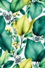 Placeholder: Watercolor big sage vibrant dark green, big golden and teal, large botanical illustrations, gray decorative elements, green leaves vivid colors, ultra fine seamless pattern on white background