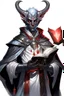 Placeholder: En Young male black skin tiefling Wizard fra dnd holding a book with Arcane Magic in a silver and White Rope and a silver cloak. His horn a perfectly place on acet from the front to the back pointing upwards with glowing Red cat Eyes. His close is elegant get simple. Holding an ice Crystal in his Right Hand