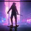 Placeholder: photo of a ninja riding a skateboard; in an alternate universe in tokyo; cyberpunk; realistic; rain; neon signs