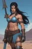 Placeholder: female Barbarian, Black Sonja, Long, pitch-black hair, two ponytails, bangs cut straight across forehead, blue eyes, sky blue stained wall in the background, dressed as a female barbarian, extremely muscular chest, carrying a long broadsword in her right hand, the stygian desert of Mars