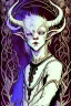 Placeholder: Emo, albino, teen, goat horned, satyr, alchemist, with goat horns on his head, in the style of Harry Clarke