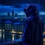 Placeholder: girl in a raincoat, watching the empty city, at midnight, dark grey colours, rainy, atmospheric, photo quality