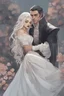 Placeholder: Strahd Von Zarovich being kissed by a beautiful woman with white hair, wearing an off the shoulder dress. Settling and background are a lavish toomb with an ebony coffin.