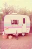 Placeholder: Vintage polaroid of boho caravan,purple