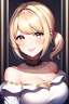 Placeholder: ランジェリー Beautiful girl, smile eyes, portrait, half closed eyes, Blonde hair, Short ponytail, Detailed outfit, white off shoulder top, Blush, pink lip, upper body, lighting, hyperdetailed, intricately detailed