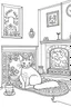 Placeholder: create a coloring page that Illustrate a cat comfortably by a fireplace, with stockings hung on the mantle and snow falling outside the window. full image.